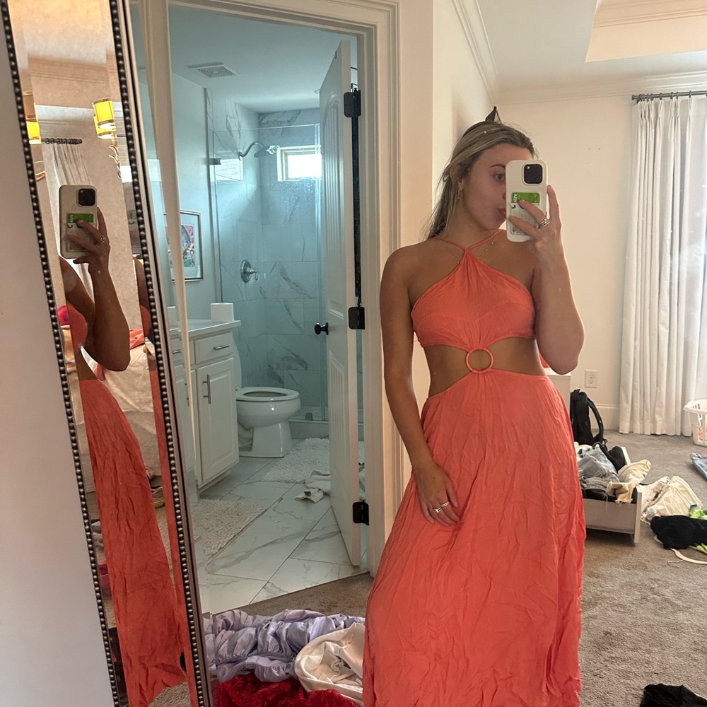 Elegant Coral Halter Maxi Dress